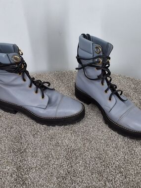 Stuart Weitzman Lexy Blue  Gray Leather Lace-Up Combat Boots